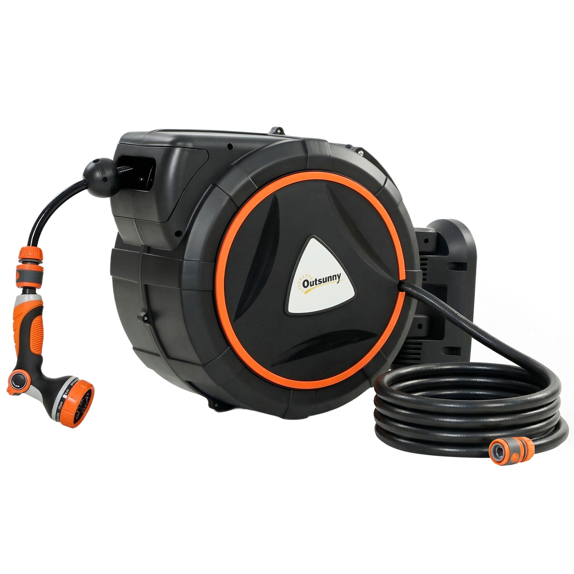 23+2m Retractable Wall Hose Reel with Auto Retraction & 12-Pattern Nozzle, Orange