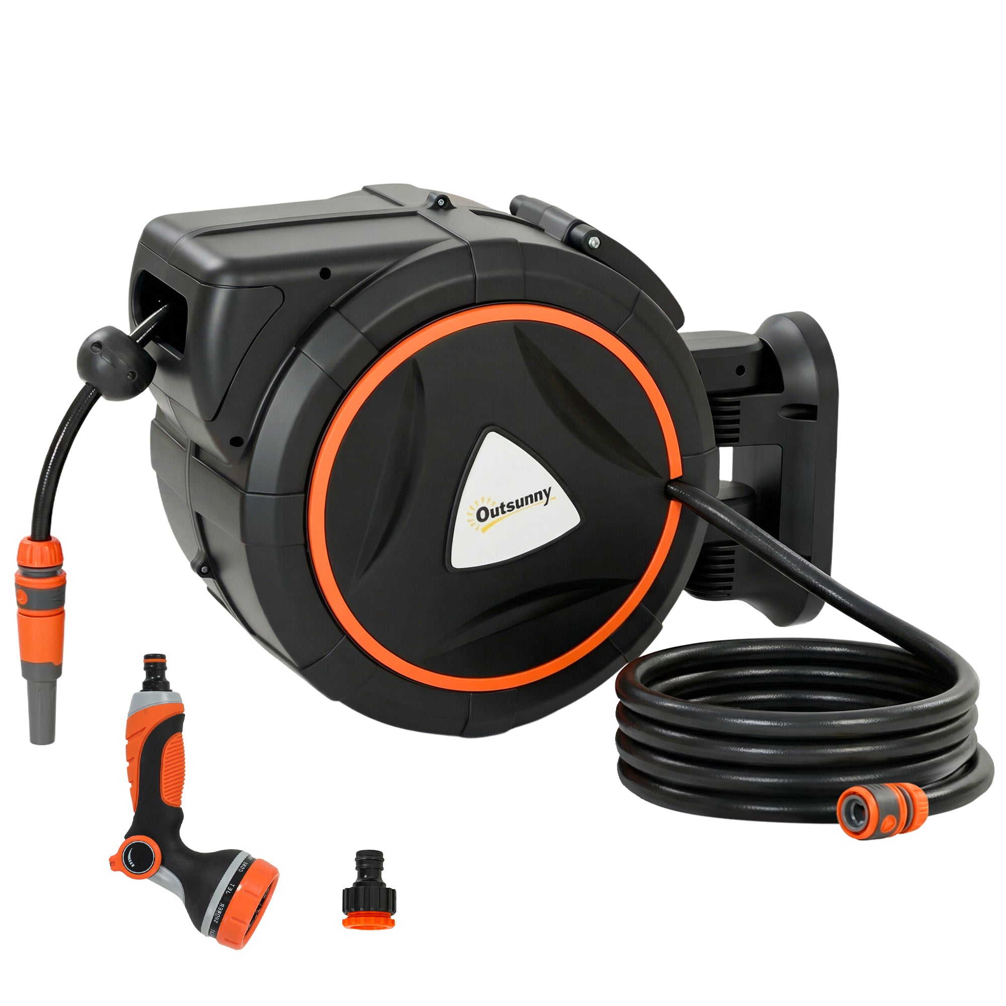23+2m Retractable Wall Hose Reel with Auto Retraction & 12-Pattern Nozzle, Orange