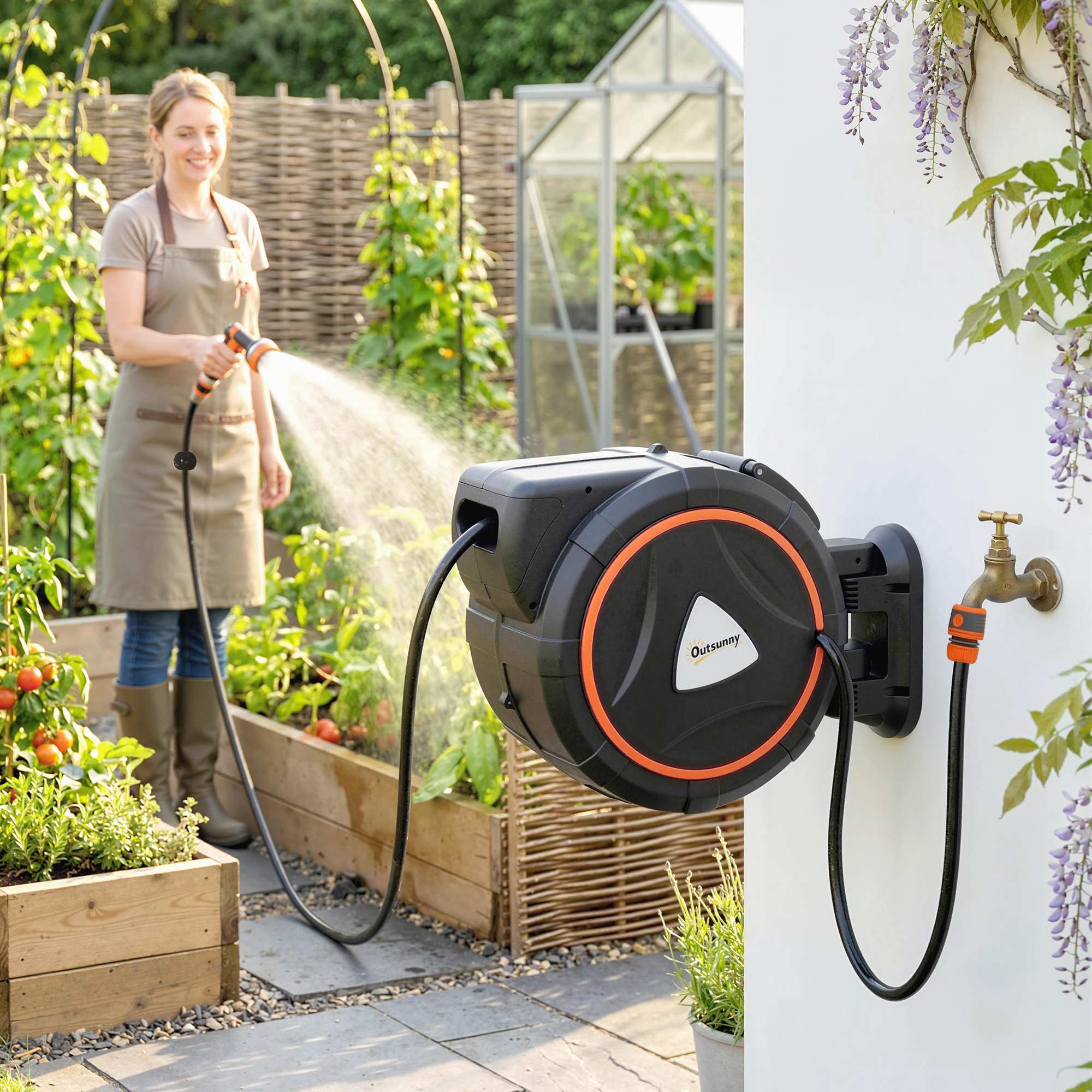 28+2m Retractable Wall-Mount Hose Reel with Auto Retraction & 180° Swivel, Orange