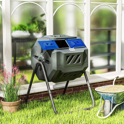 160L Tumbling Compost Bin Outdoor Dual Chamber 360° Rotating Composter, Garden Compost Bin w/ Sliding Doors & Solid Steel Frame, Blue