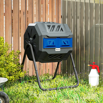 160L Tumbling Compost Bin Outdoor Dual Chamber 360° Rotating Composter, Garden Compost Bin w/ Sliding Doors & Solid Steel Frame, Blue