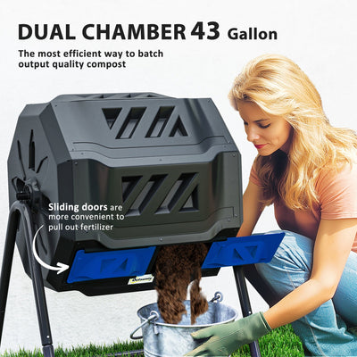 160L Tumbling Compost Bin Outdoor Dual Chamber 360° Rotating Composter, Garden Compost Bin w/ Sliding Doors & Solid Steel Frame, Blue