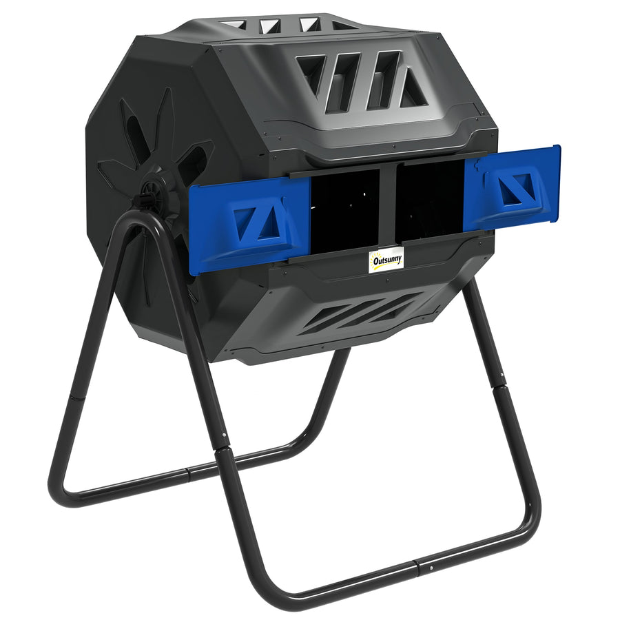 160L Tumbling Compost Bin Outdoor Dual Chamber 360° Rotating Composter, Garden Compost Bin w/ Sliding Doors & Solid Steel Frame, Blue