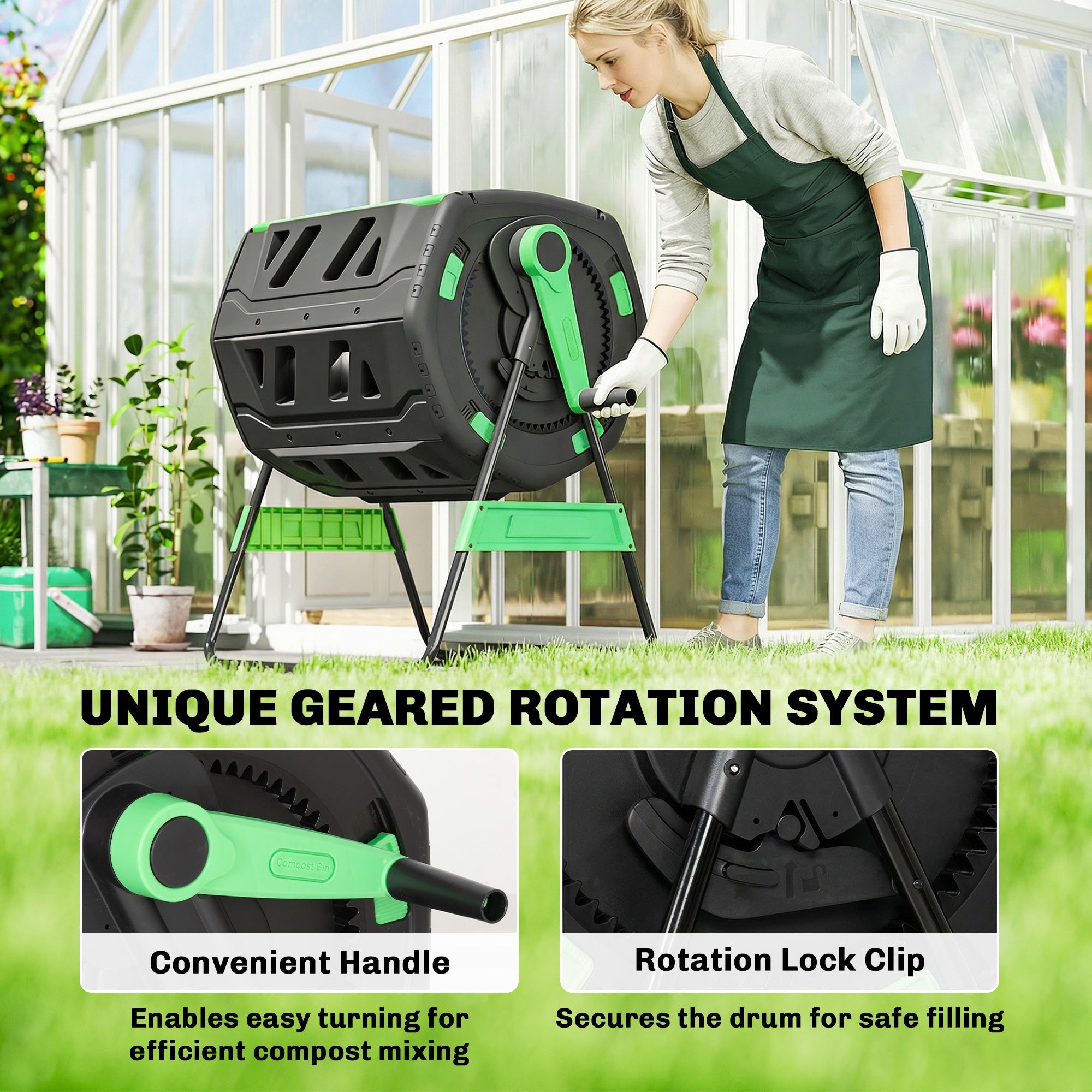 200L Dual Chamber Rotating Compost Tumbler with 8 Adjustable Vents, BPA Free Outdoor Composter in Green