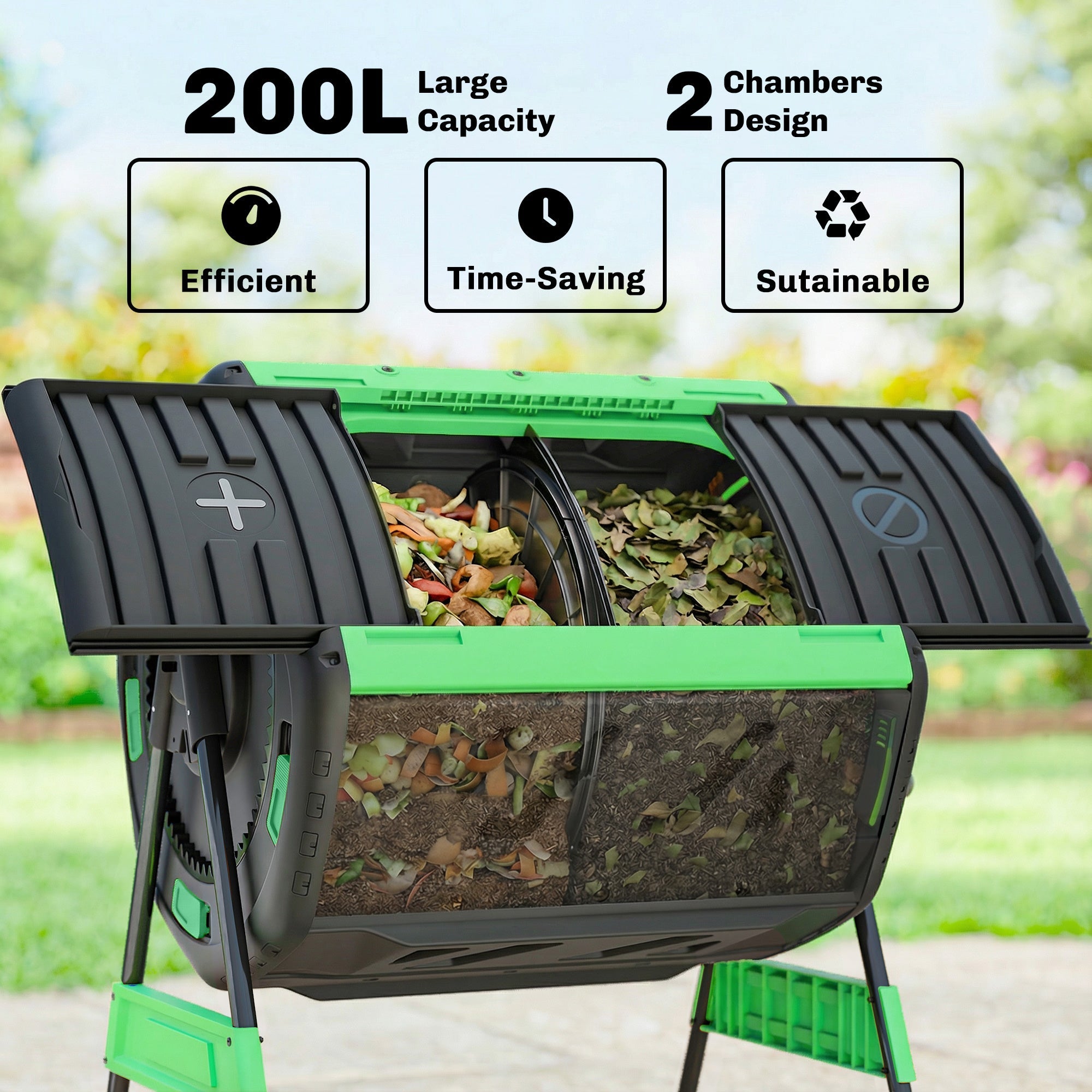 200L Dual Chamber Rotating Compost Tumbler with 8 Adjustable Vents, BPA Free Outdoor Composter in Green