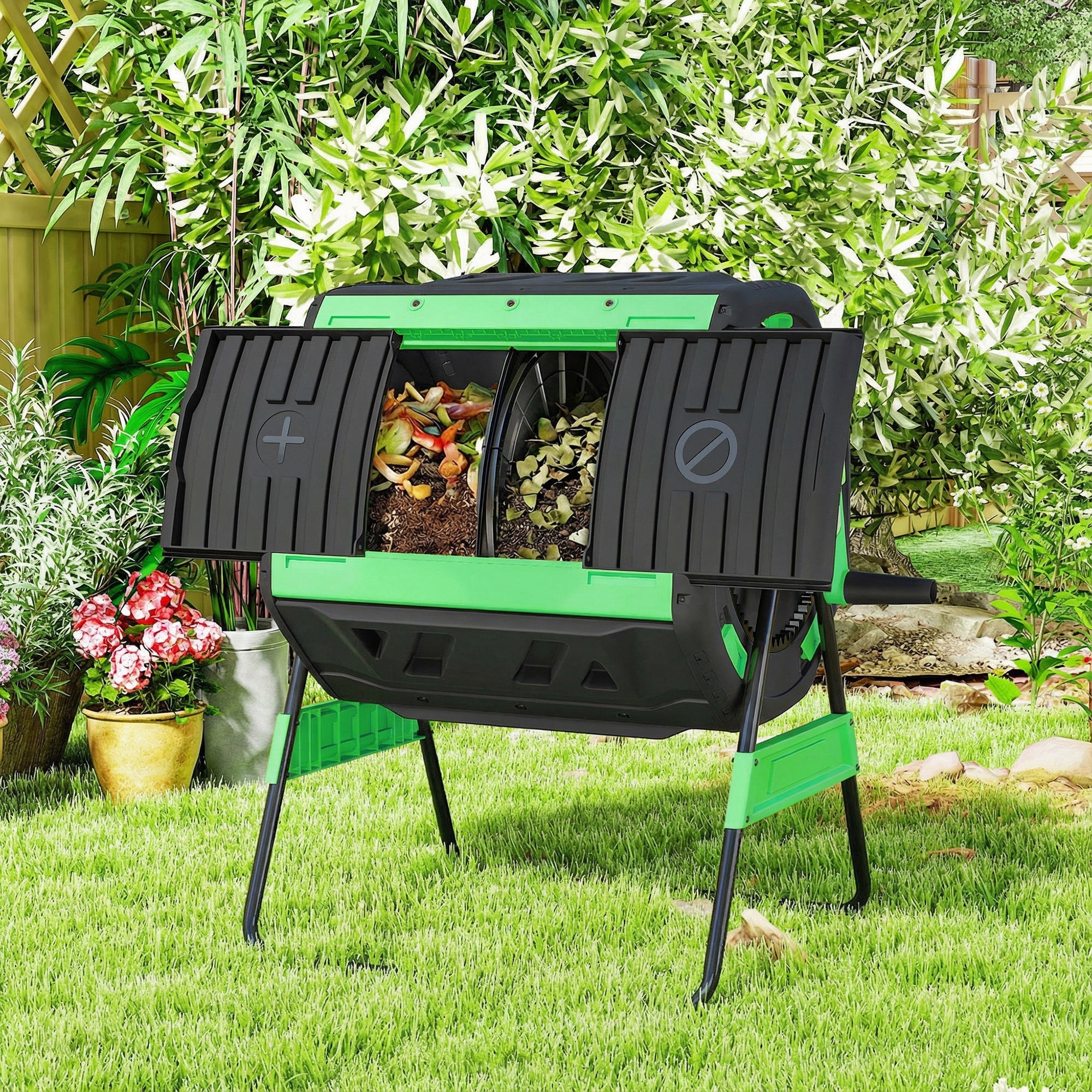 200L Dual Chamber Rotating Compost Tumbler with 8 Adjustable Vents, BPA Free Outdoor Composter in Green
