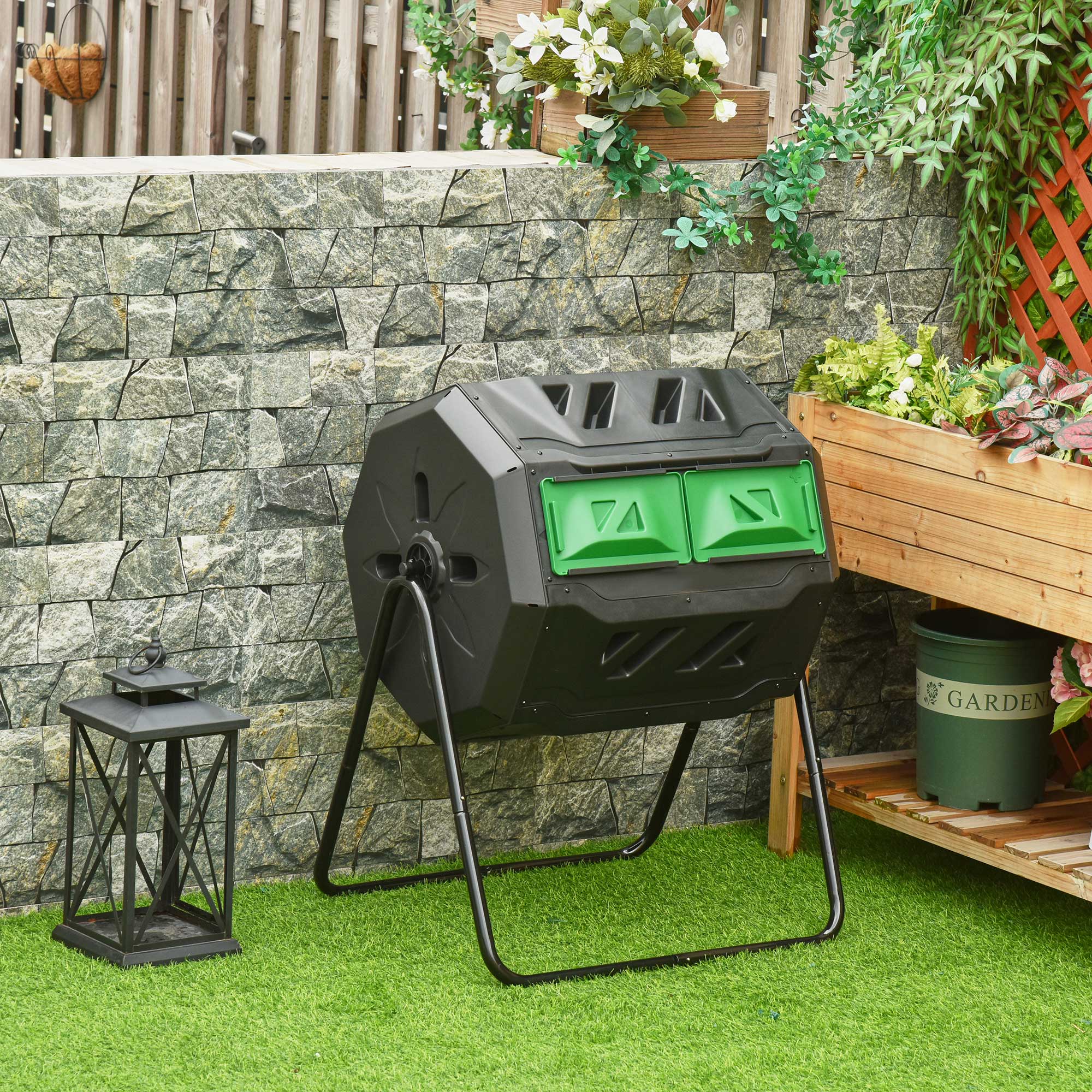 160L Tumbling Compost Bin Outdoor Dual Chamber 360¡ã Rotating Composter, Garden Compost Bin w/ Sliding Doors & Solid Steel Frame, Black