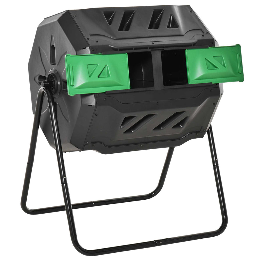 160L Tumbling Compost Bin Outdoor Dual Chamber 360¡ã Rotating Composter, Garden Compost Bin w/ Sliding Doors & Solid Steel Frame, Black