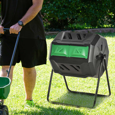 160L Tumbling Compost Bin Outdoor Dual Chamber 360¡ã Rotating Composter, Garden Compost Bin w/ Sliding Doors & Solid Steel Frame, Black