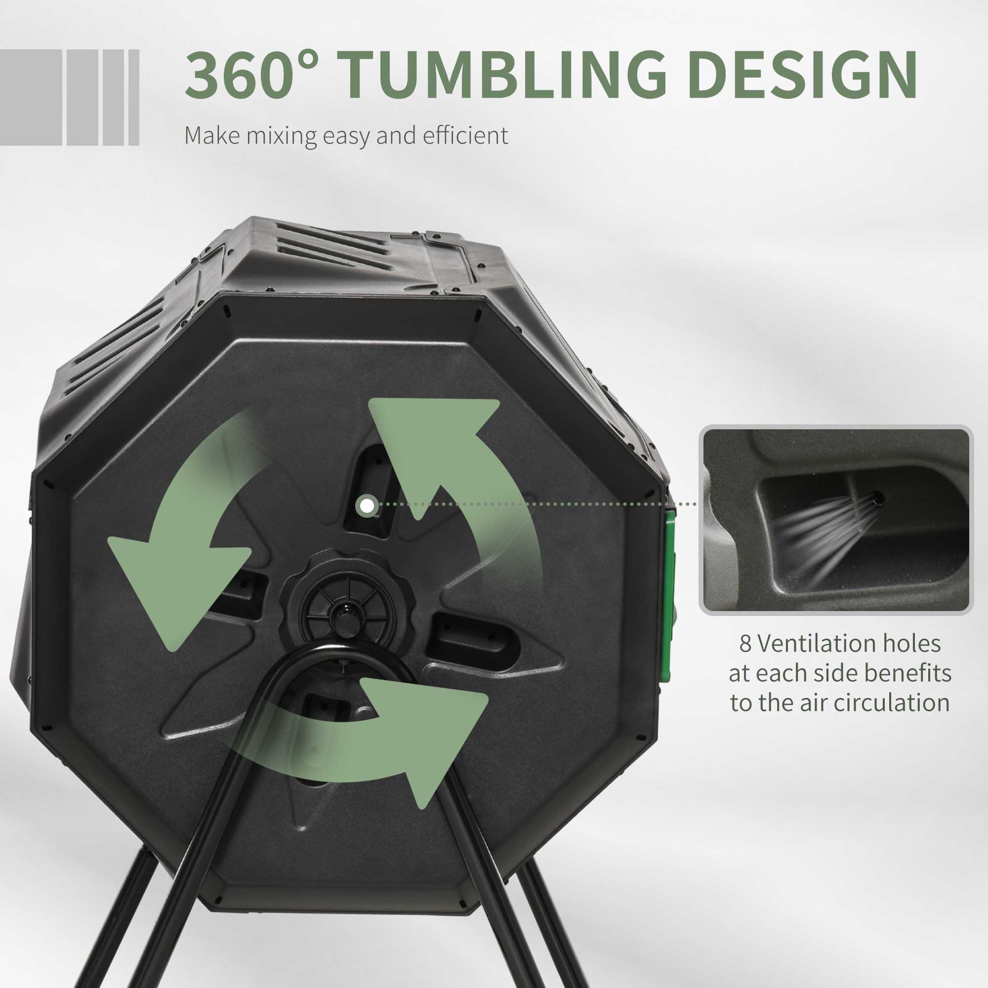 160L Tumbling Compost Bin Outdoor Dual Chamber 360¡ã Rotating Composter, Garden Compost Bin w/ Sliding Doors & Solid Steel Frame, Black