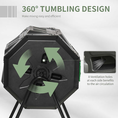 160L Tumbling Compost Bin Outdoor Dual Chamber 360¡ã Rotating Composter, Garden Compost Bin w/ Sliding Doors & Solid Steel Frame, Black