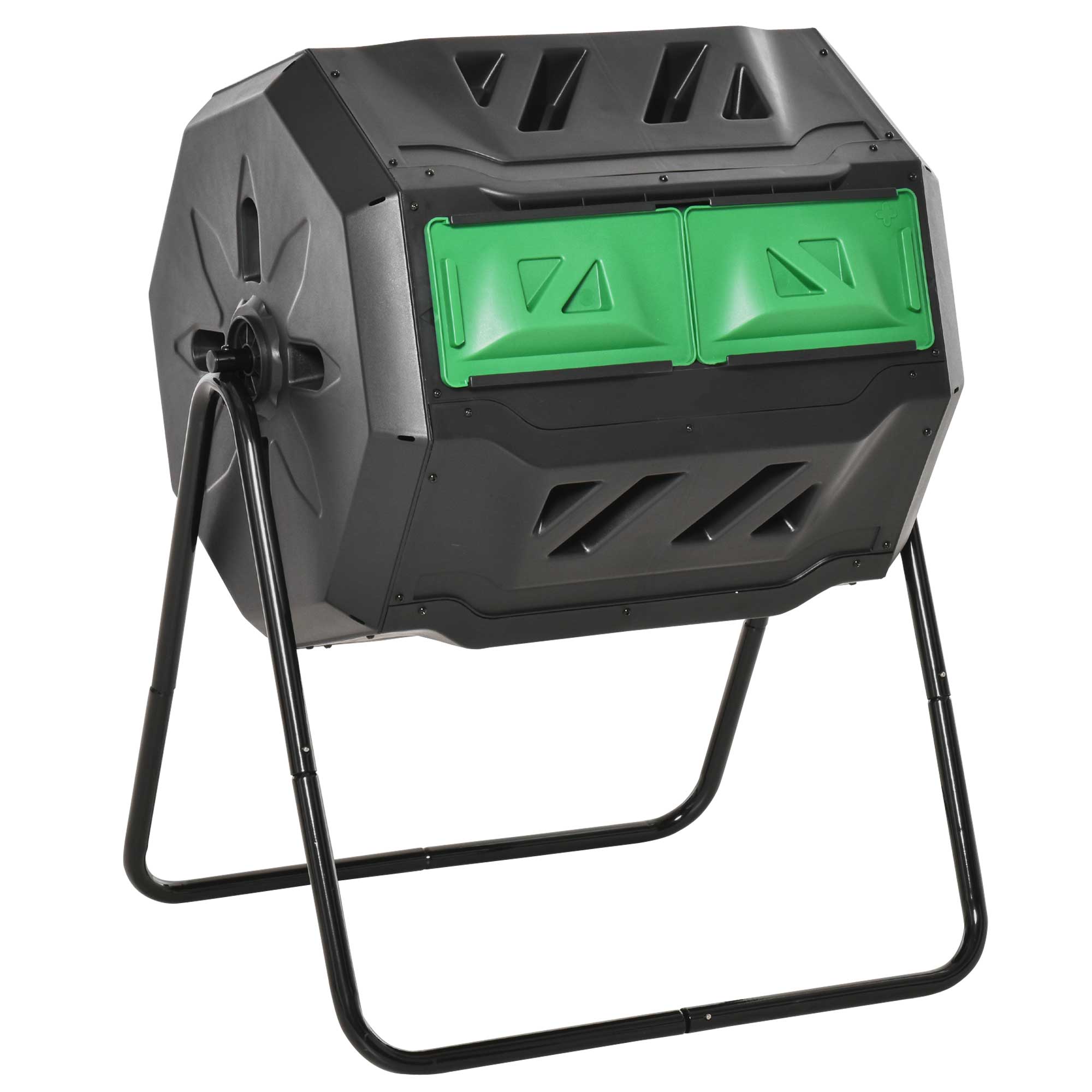 160L Tumbling Compost Bin Outdoor Dual Chamber 360¡ã Rotating Composter, Garden Compost Bin w/ Sliding Doors & Solid Steel Frame, Black