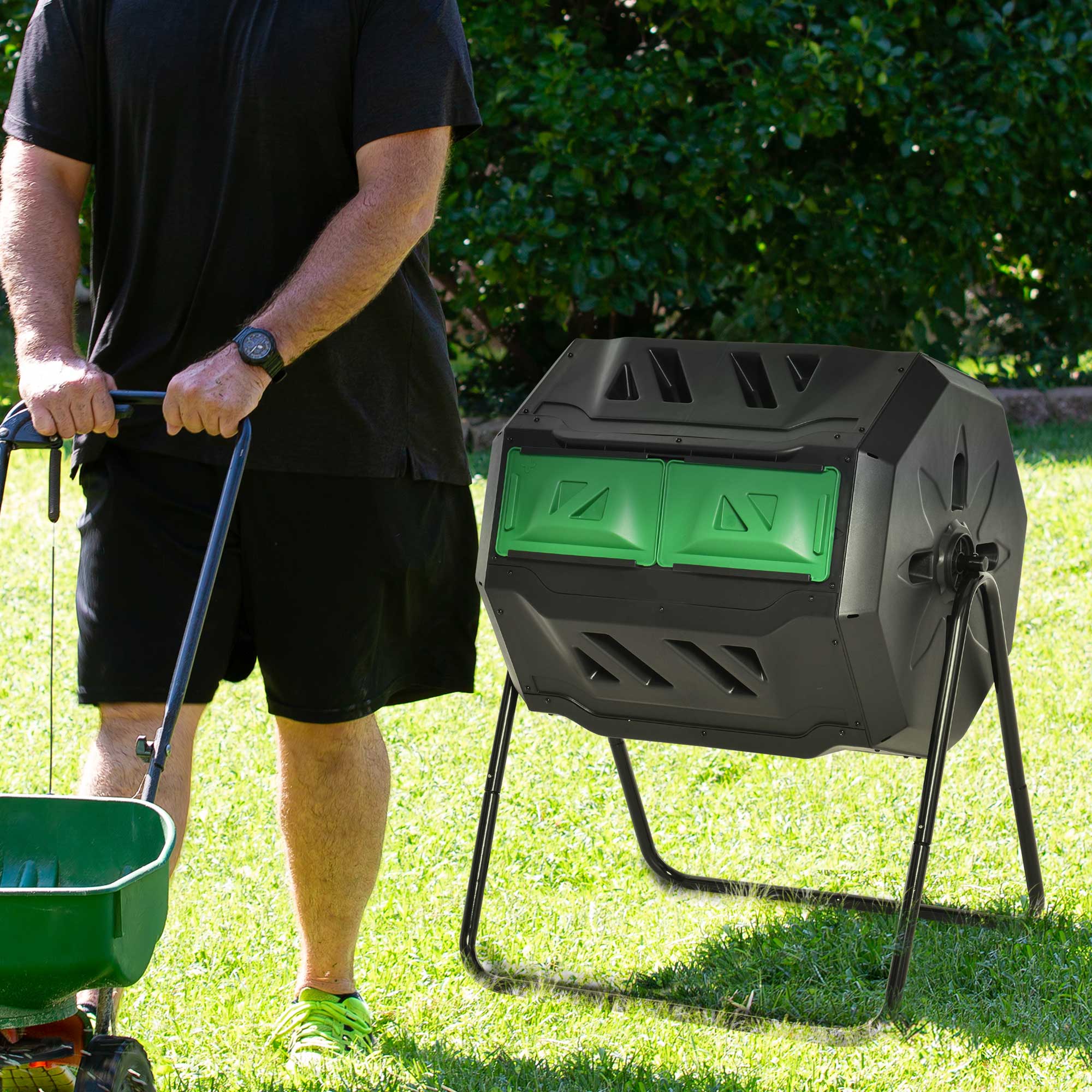 160L Tumbling Compost Bin Outdoor Dual Chamber 360¡ã Rotating Composter, Garden Compost Bin w/ Sliding Doors & Solid Steel Frame, Black