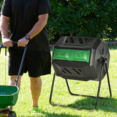 160L Tumbling Compost Bin Outdoor Dual Chamber 360¡ã Rotating Composter, Garden Compost Bin w/ Sliding Doors & Solid Steel Frame, Black